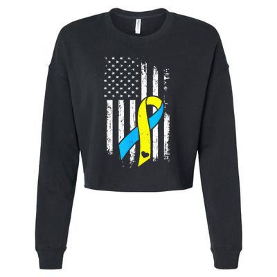 USA Flag Down Syndrome Ribbon Trisomy 21 American Cropped Pullover Crew