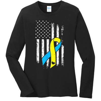 USA Flag Down Syndrome Ribbon Trisomy 21 American Ladies Long Sleeve Shirt