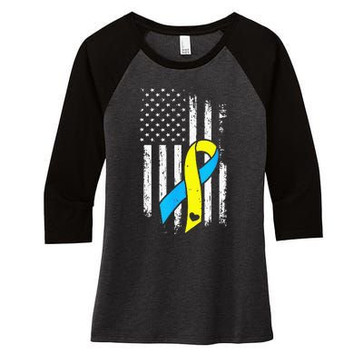 USA Flag Down Syndrome Ribbon Trisomy 21 American Women's Tri-Blend 3/4-Sleeve Raglan Shirt