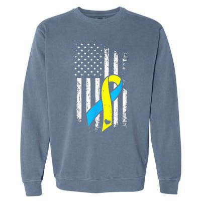 USA Flag Down Syndrome Ribbon Trisomy 21 American Garment-Dyed Sweatshirt