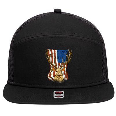 USA Flag Deer Hunting Gift 7 Panel Mesh Trucker Snapback Hat