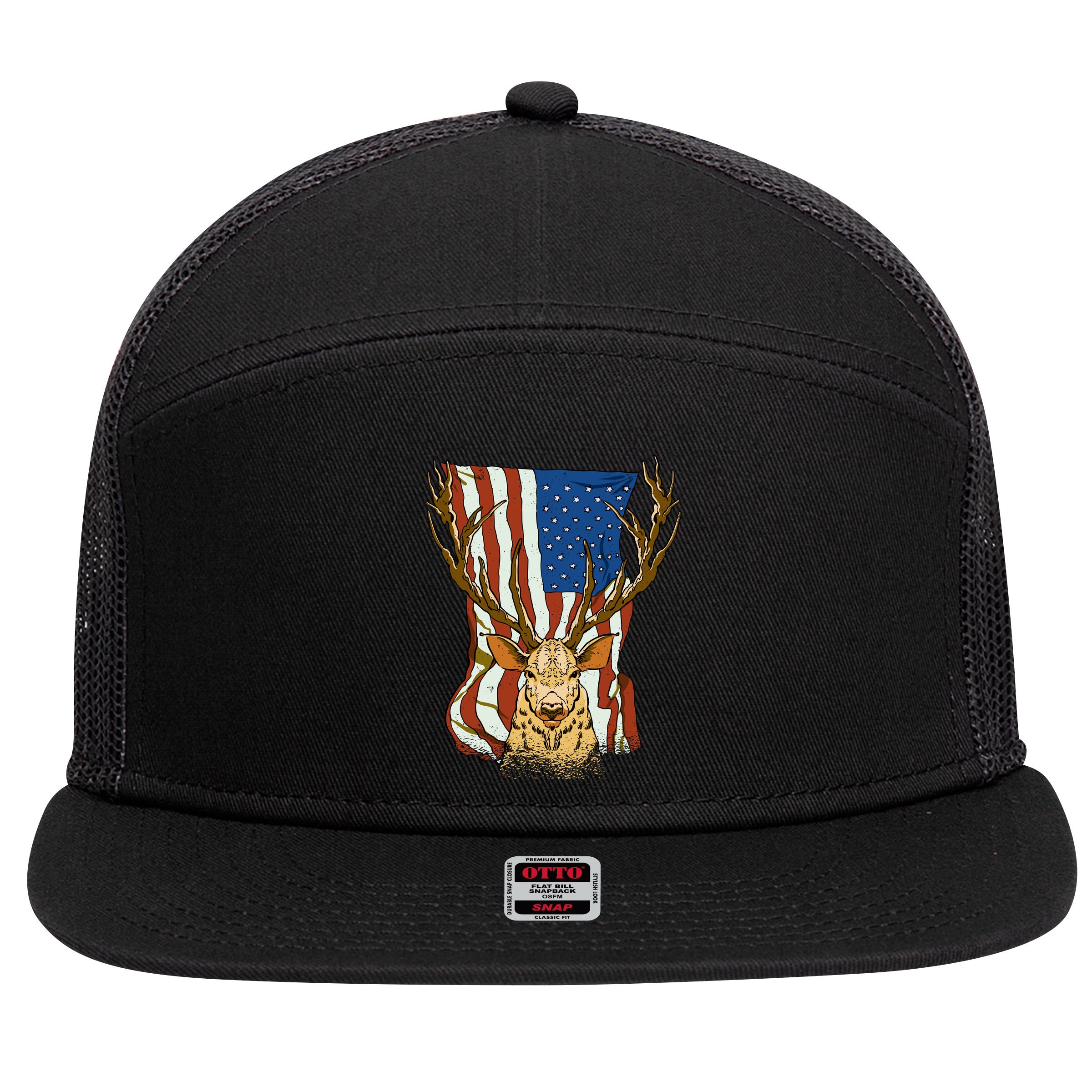 USA Flag Deer Hunting Gift 7 Panel Mesh Trucker Snapback Hat