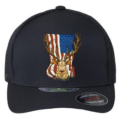 USA Flag Deer Hunting Gift Flexfit Unipanel Trucker Cap