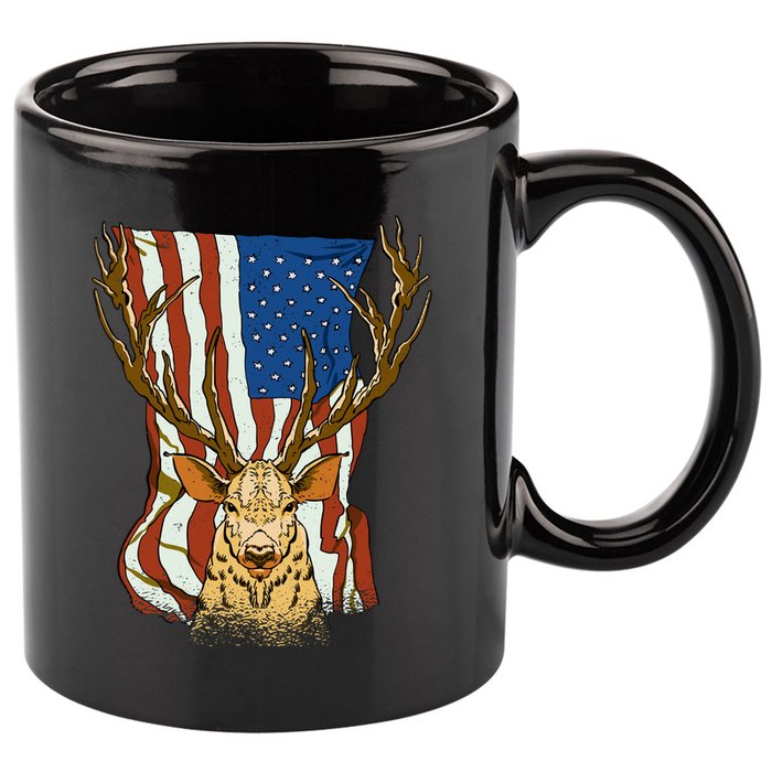 USA Flag Deer Hunting Gift 11oz C Handle Ceramic Mug