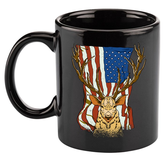 USA Flag Deer Hunting Gift 11oz C Handle Ceramic Mug