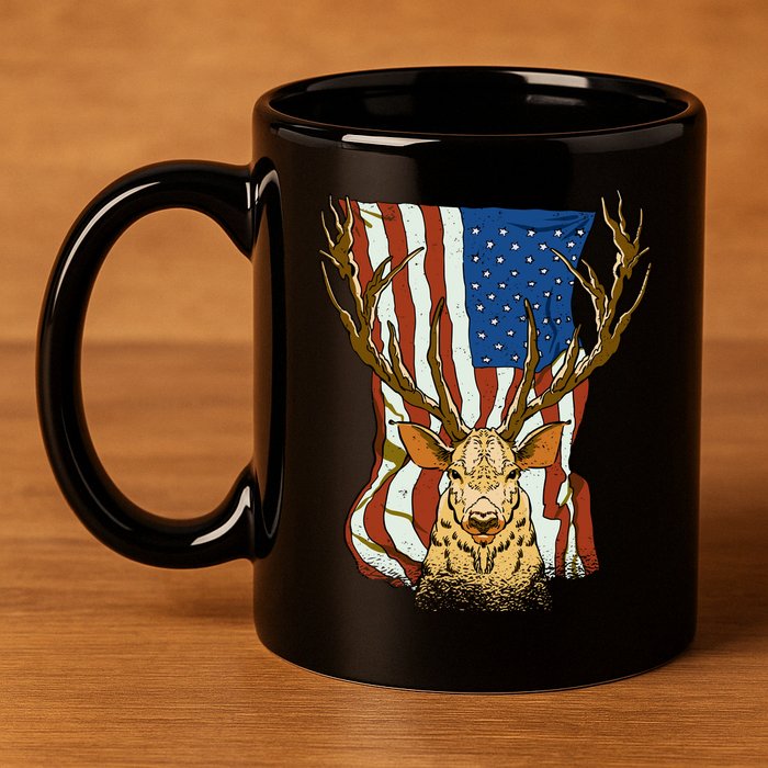 USA Flag Deer Hunting Gift 11oz C Handle Ceramic Mug