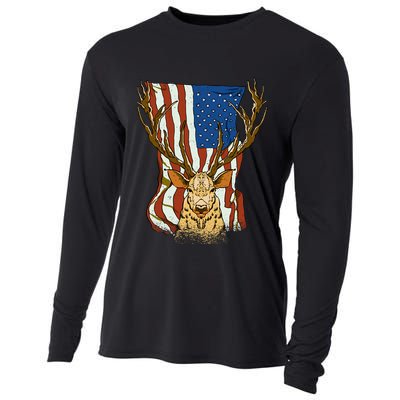 USA Flag Deer Hunting Gift Cooling Performance Long Sleeve Crew
