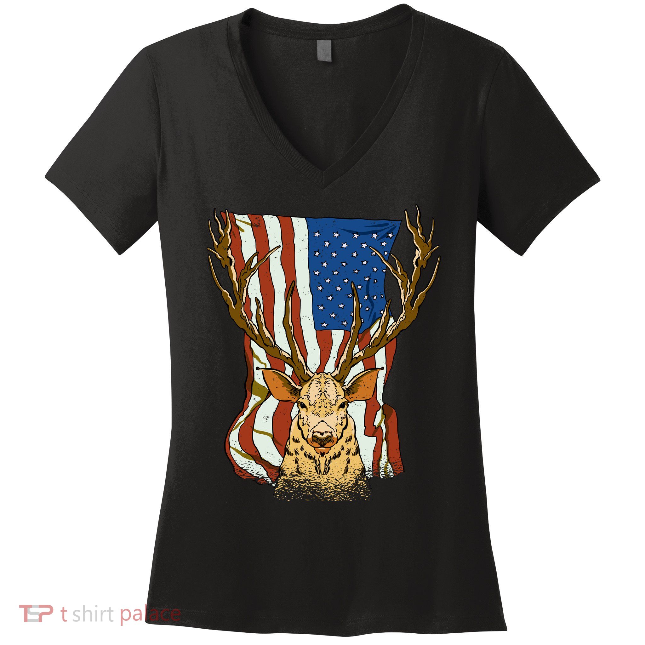 USA Flag Deer Hunting Gift Women's V-Neck T-Shirt