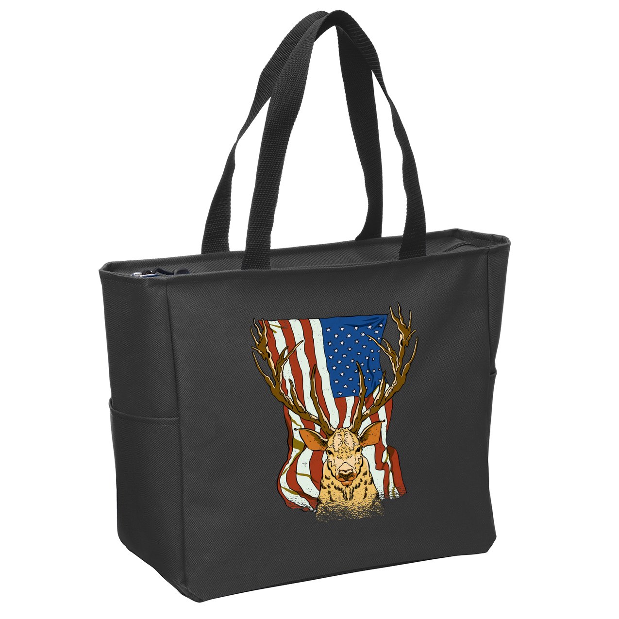 USA Flag Deer Hunting Gift Zip Tote Bag