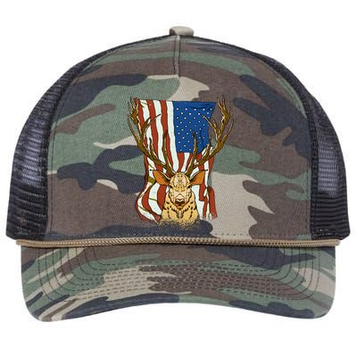 USA Flag Deer Hunting Gift Retro Rope Trucker Hat Cap