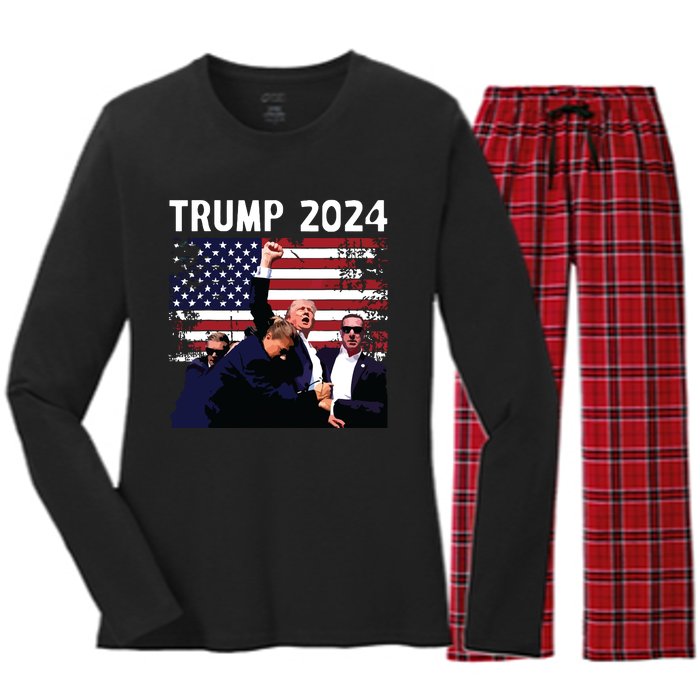 Us Flag Donald Trump Election Rally Shooting 2024 Women's Long Sleeve Flannel Pajama Set 