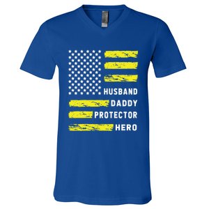 Us Flag Distressed Husband Daddy Protector Hero Cool Father Great Gift V-Neck T-Shirt