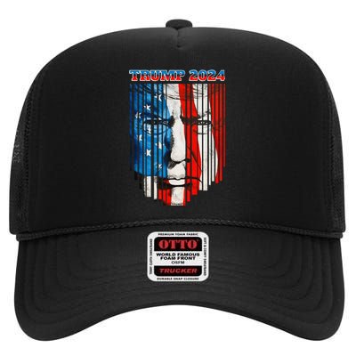 Us Flag Face Trump 2024 Vintage Donald Trump High Crown Mesh Back Trucker Hat