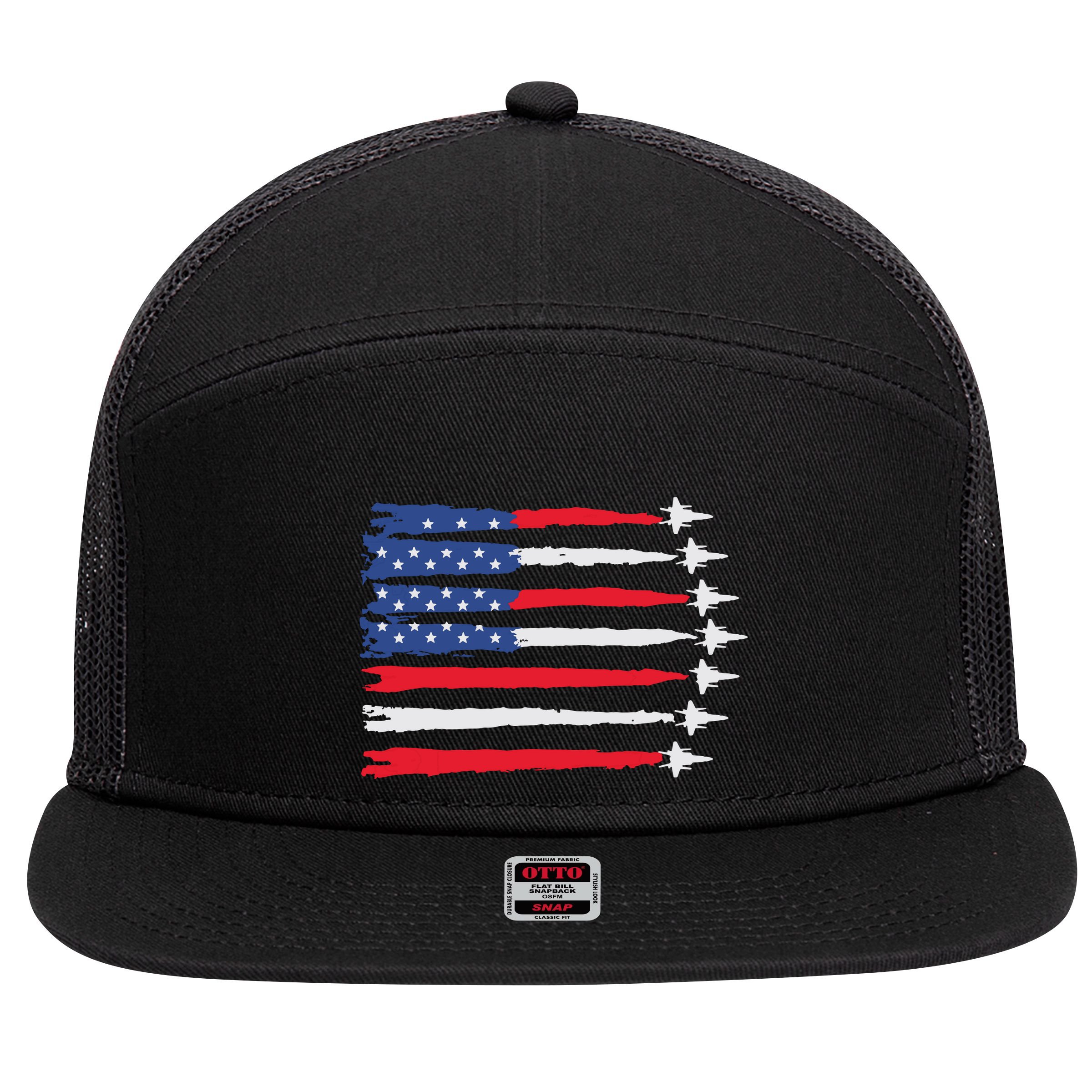 Usa Flag Fighter Jets Patriotic Red Blue White 4th Of July 7 Panel Mesh Trucker Snapback Hat