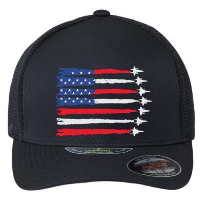 Usa Flag Fighter Jets Patriotic Red Blue White 4th Of July Flexfit Unipanel Trucker Cap