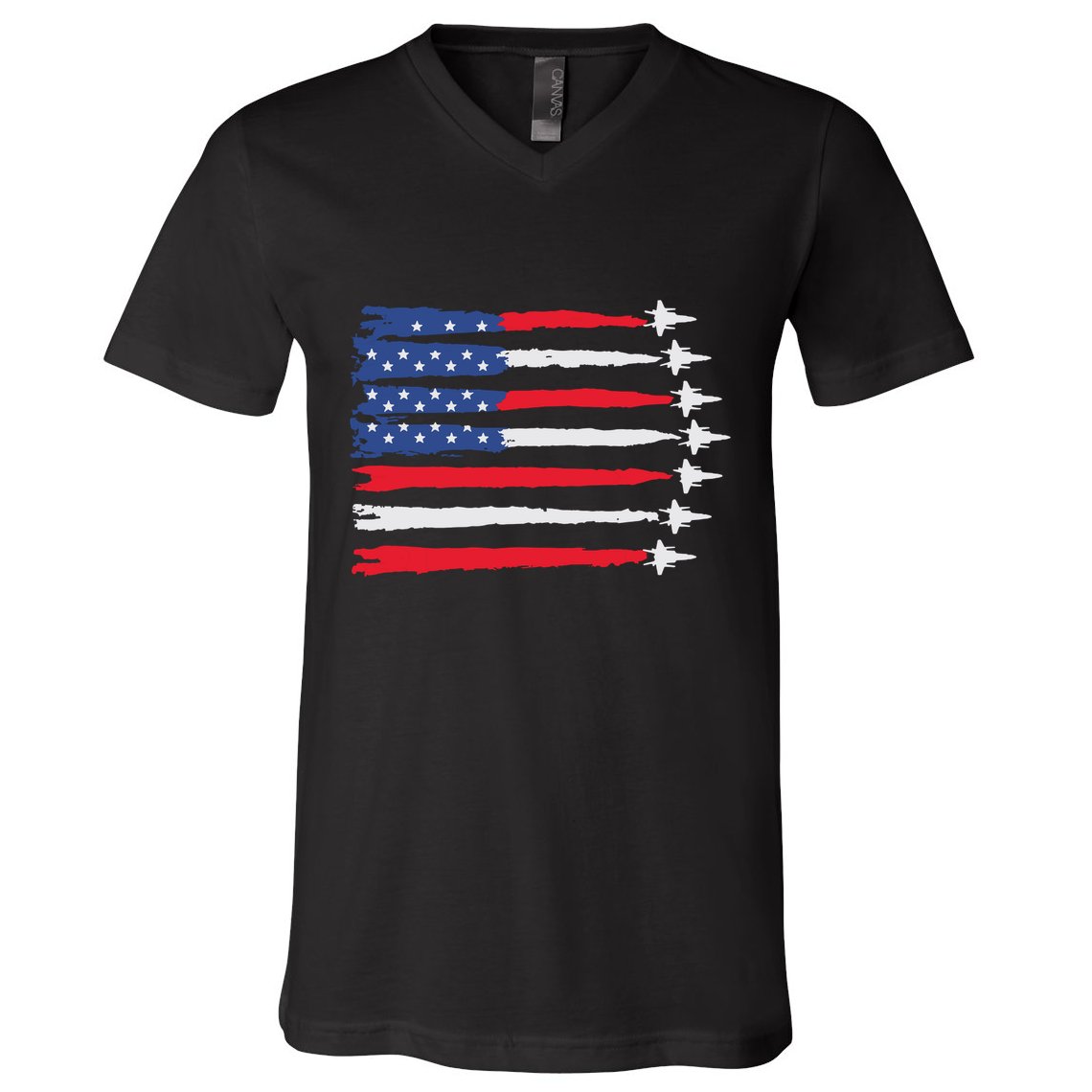 Usa Flag Fighter Jets Patriotic Red Blue White 4th Of July V-Neck T-Shirt