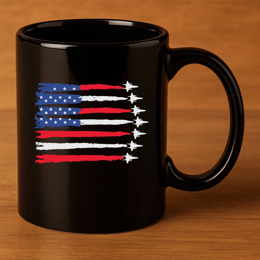 Usa Flag Fighter Jets Patriotic Red Blue White 4th Of July 11oz C Handle Ceramic Mug