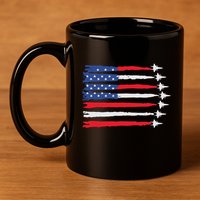 Usa Flag Fighter Jets Patriotic Red Blue White 4th Of July 11oz C Handle Ceramic Mug
