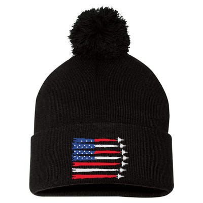 Usa Flag Fighter Jets Patriotic Red Blue White 4th Of July Pom Pom 12in Knit Beanie