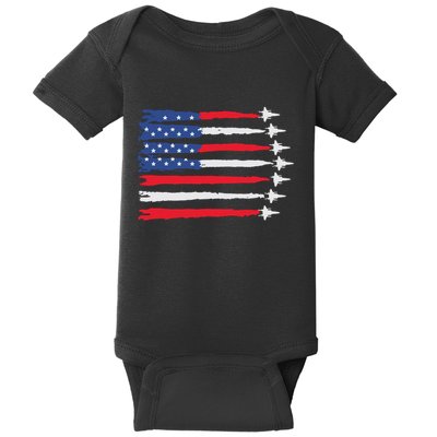 Usa Flag Fighter Jets Patriotic Red Blue White 4th Of July Baby Bodysuit