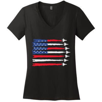 Usa Flag Fighter Jets Patriotic Red Blue White 4th Of July Women's V-Neck T-Shirt