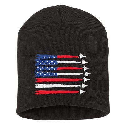 Usa Flag Fighter Jets Patriotic Red Blue White 4th Of July Short Acrylic Beanie