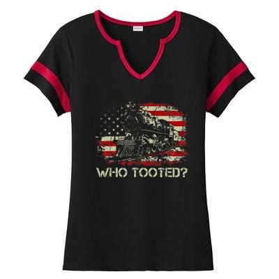 USA Flag Funny Train Lover  Who Tooted Train  Ladies Halftime Notch Neck Tee