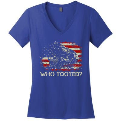 USA Flag Funny Train Lover  Who Tooted Train  Women's V-Neck T-Shirt