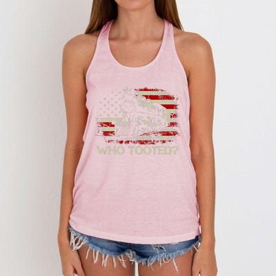 USA Flag Funny Train Lover  Who Tooted Train  Women's Knotted Racerback Tank