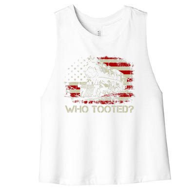 USA Flag Funny Train Lover  Who Tooted Train  Women's Racerback Cropped Tank