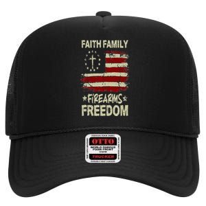 USA Flag Faith Family Firearms Freedom Patriotic High Crown Mesh Back Trucker Hat