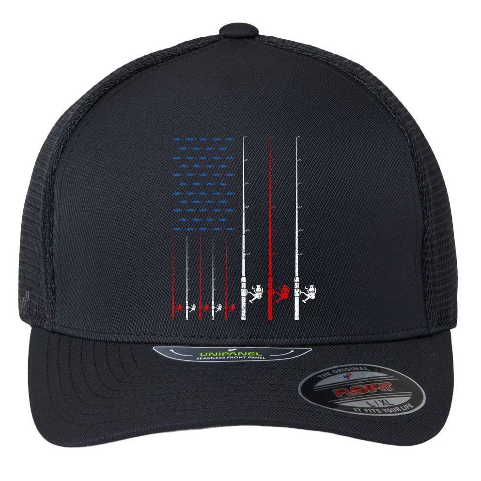 USA Flag Fishing Rods Flexfit Unipanel Trucker Cap