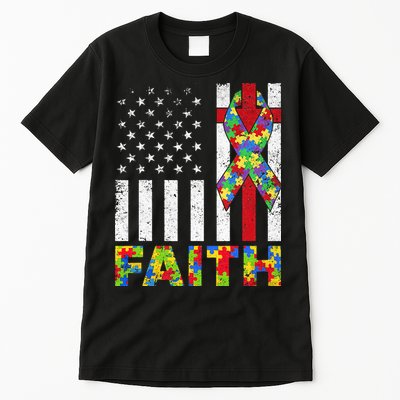 USA Flag Faith Cross Autistic For Dad Autism puzzle Tall T-Shirt