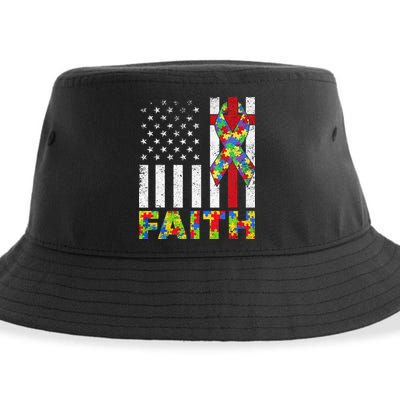 USA Flag Faith Cross Autistic For Dad Autism puzzle Sustainable Bucket Hat
