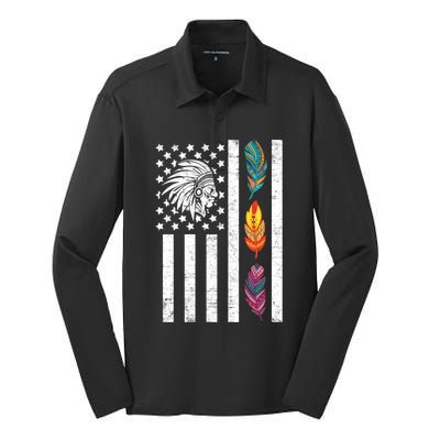 Usa Flag Feather Native American Heritage Day Indian Gift Meaningful Gift Silk Touch Performance Long Sleeve Polo