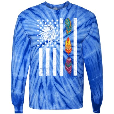 Usa Flag Feather Native American Heritage Day Indian Gift Meaningful Gift Tie-Dye Long Sleeve Shirt