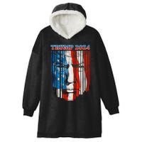 US Flag Face Trump 2024 Vintage Donald Trump 4th Of July Hooded Wearable Blanket