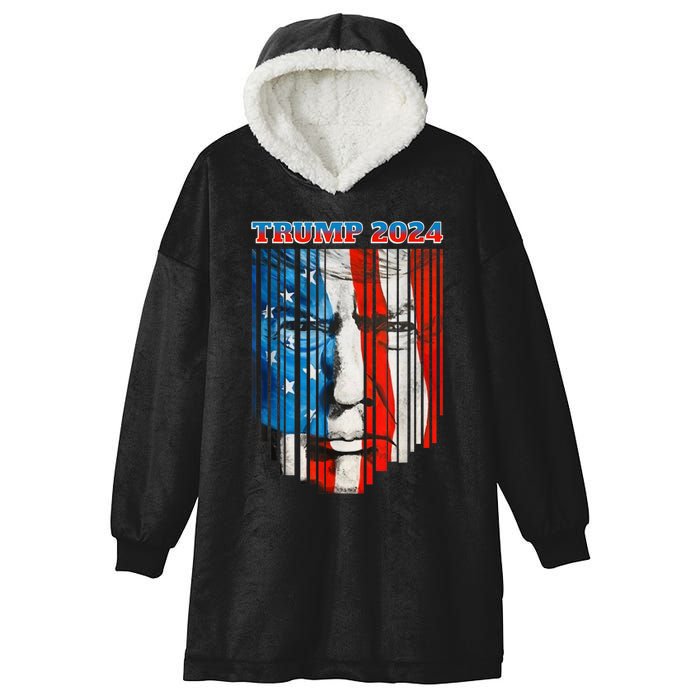 US Flag Face Trump 2024 Vintage Donald Trump 4th Of July Hooded Wearable Blanket