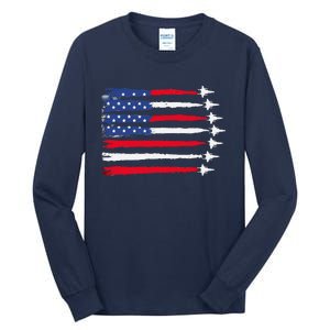 Usa Flag Fighter Jets Patriotic Red Blue White 4th Of July Tall Long Sleeve T-Shirt