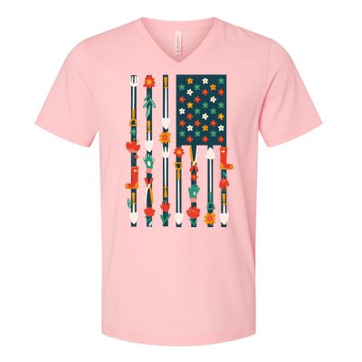 USA Flower Flag Garden V-Neck T-Shirt