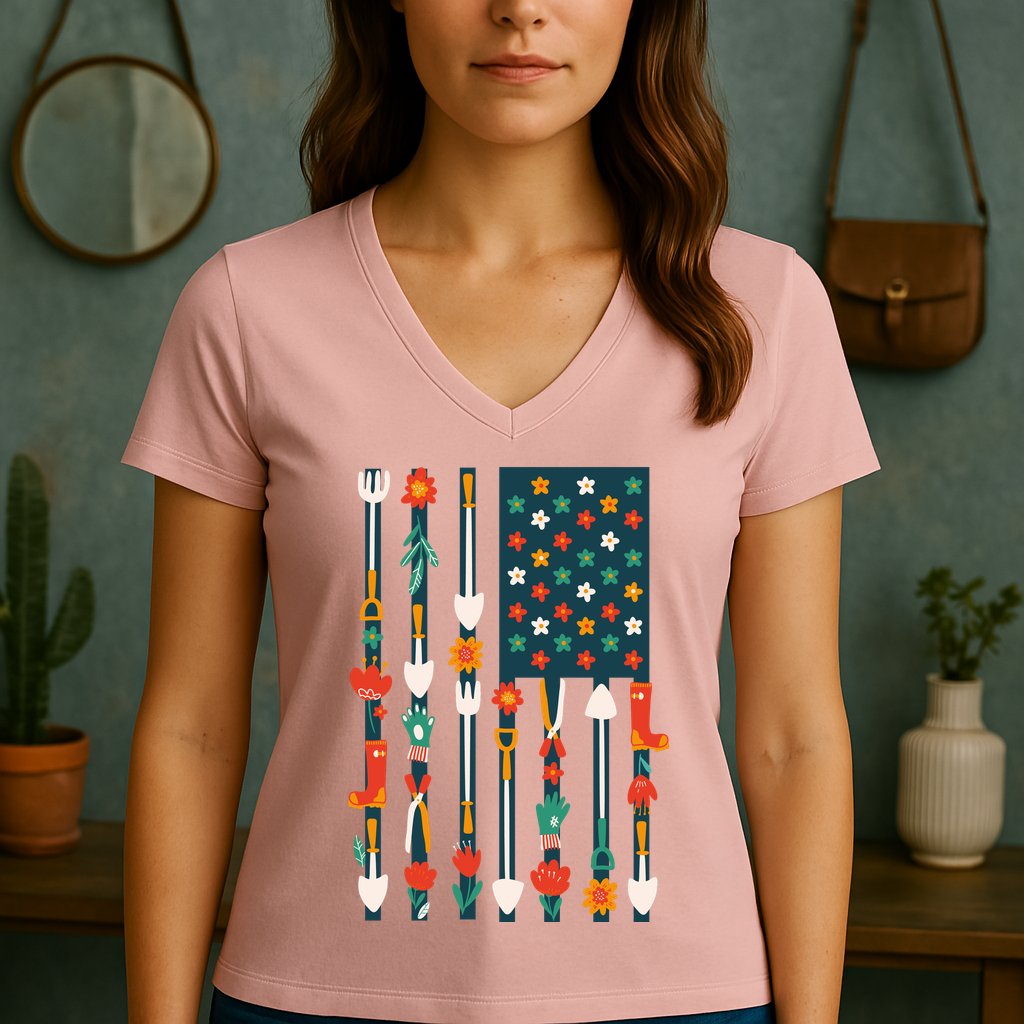 USA Flower Flag Garden Women's V-Neck T-Shirt