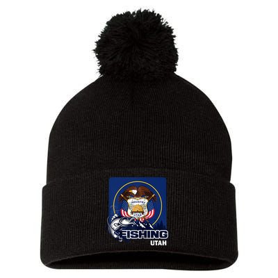 Utah Fishing Flag Of Utah Fishing In Utah Pom Pom 12in Knit Beanie