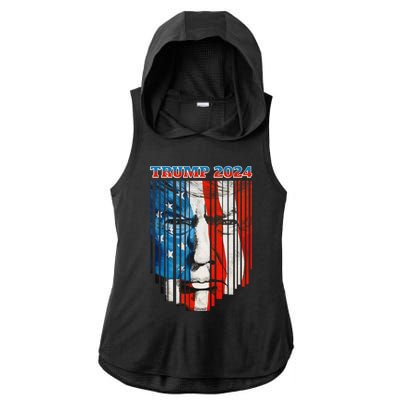 Us Flag Face Trump 2024 Vintage Donald Trump 4th Of July Gift Ladies PosiCharge Tri-Blend Wicking Draft Hoodie Tank