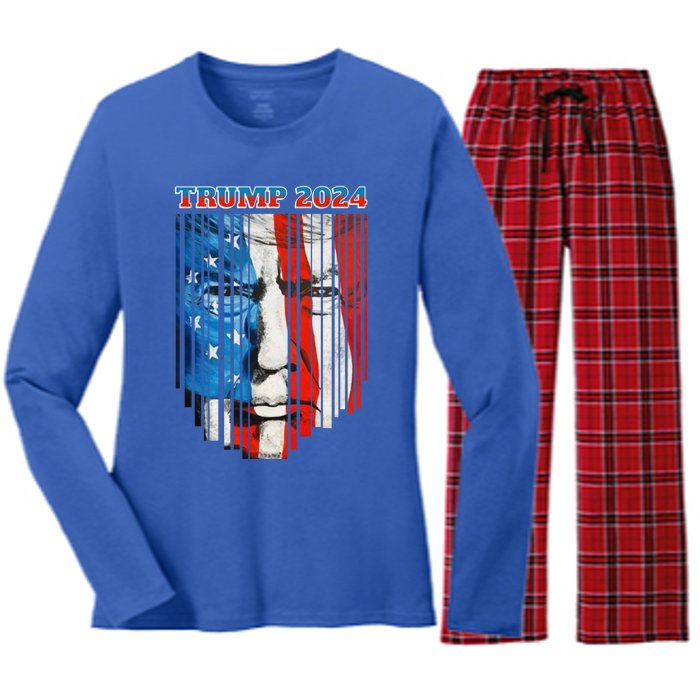 Us Flag Face Trump 2024 Vintage Donald Trump 4th Of July Gift Women's Long Sleeve Flannel Pajama Set 