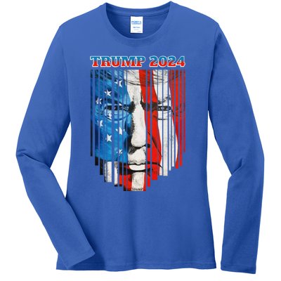 Us Flag Face Trump 2024 Vintage Donald Trump 4th Of July Gift Ladies Long Sleeve Shirt