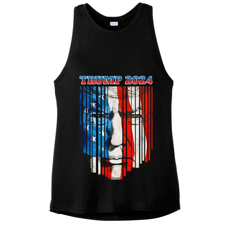 US Flag Face Trump 2024 Vintage Donald Trump 4th of July Ladies PosiCharge Tri-Blend Wicking Tank
