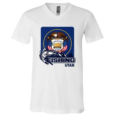 Utah Fishing Flag Of Utah Fishing In Utah V-Neck T-Shirt