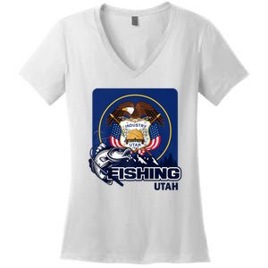 Utah Fishing Flag Of Utah Fishing In Utah Women's V-Neck T-Shirt