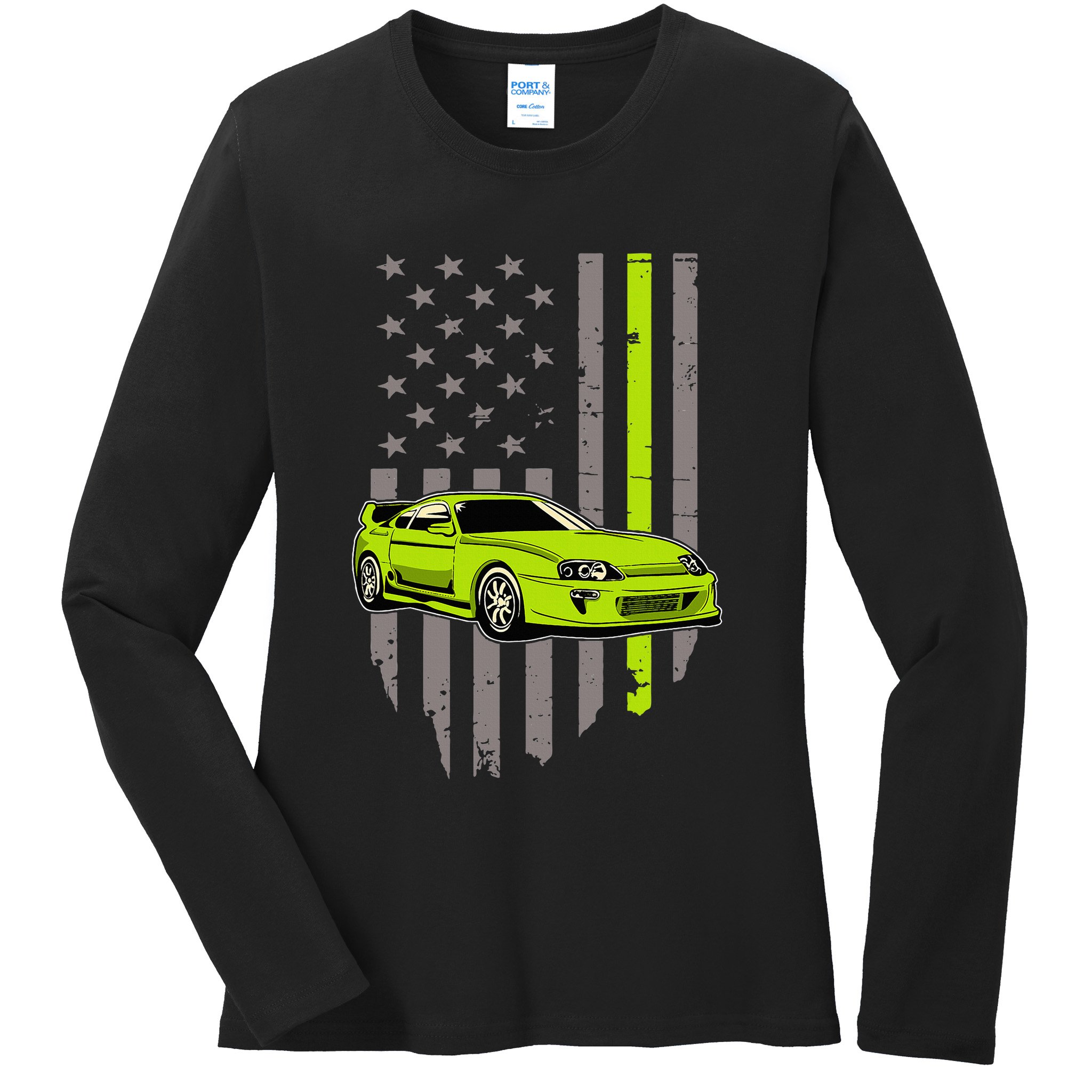 Usa Flag Green Mk4 Jdm Tokyo Supra Drift Car Street Racing Ladies Long Sleeve Shirt