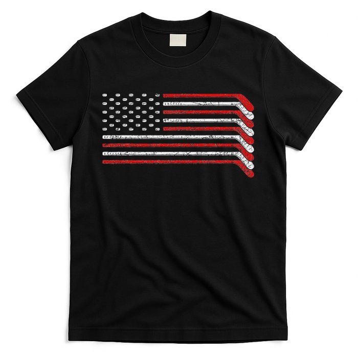 Us Flag Hockey Stick Patriotic American Hockey Player Hockey T-Shirt